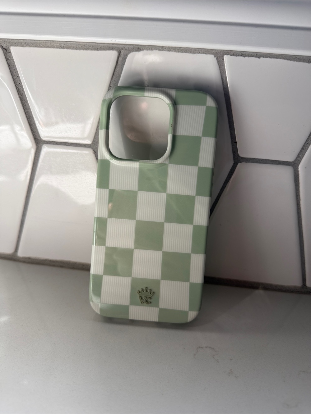 Green Checkerboard Phone Case with Small Crown Logo